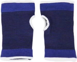 front view of blue wrist support sleeves with elastic compression fabric for sports training recovery and daily wrist support