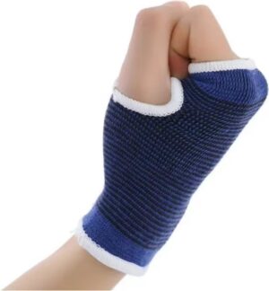 blue compression wrist support sleeve providing flexible wrist support for gym training sports recovery and everyday movement