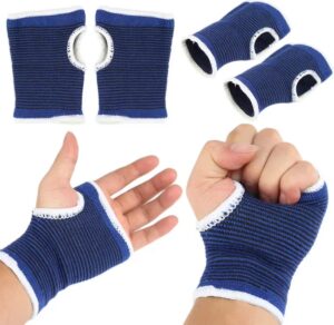 pair of blue wrist support sleeves with elastic compression design for gym training recovery sports and everyday wrist support
