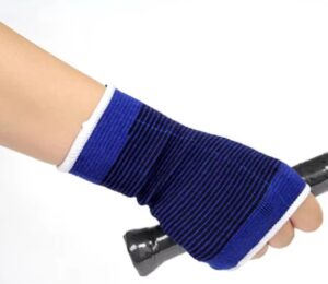blue wrist support sleeve providing compression support during strength training and everyday wrist movement