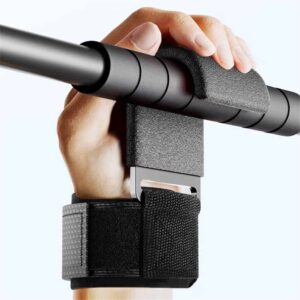 Close-up of a weight lifting hook attached to a pull up bar, showing padded wrist support and metal hook design for improved grip strength during training