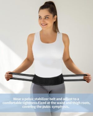 Woman wearing an adjustable pelvic stabiliser belt designed to support the sacroiliac joint, pelvis, hips, and lower back with customizable compression for everyday comfort and movement.