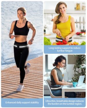 Women wearing a lightweight sacroiliac joint support belt during walking, cooking, and office work, showing breathable pelvic and lower back support for daily comfort and stability.