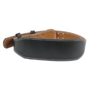 Black weightlifting belt with padded lumbar support and steel buckle designed for squats, deadlifts, rowing, and strength training workouts.