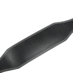 Close-up of the wide padded lumbar section on a black weightlifting belt designed for lower back support during squats, deadlifts, and gym training.