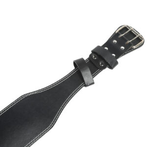Close-up of a black weightlifting belt featuring reinforced stitching, durable material, and double steel buckle fastening for secure gym and strength training support.