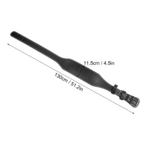 Black adjustable weightlifting belt showing overall length and width measurements for gym training, squats, deadlifts, and lower back support.
