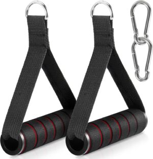 Cable machine handles with foam grips and steel carabiners for functional trainers and strength training workouts