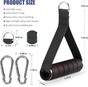 Cable machine handle showing dimensions, steel D-ring attachment, reinforced nylon webbing and foam grip design