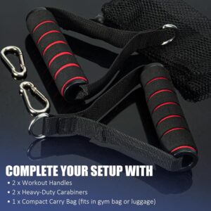 Cable machine handle set including two workout handles, steel carabiners and portable storage bag