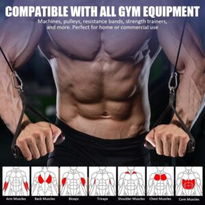 Cable machine handles being used for full-body strength training targeting chest, back, shoulders, arms and core muscles