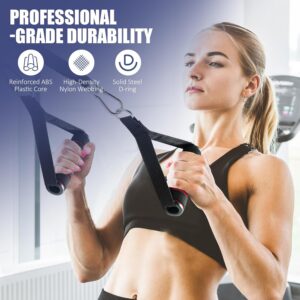 Heavy-duty cable machine handles featuring reinforced nylon straps and steel D-rings during a strength training workout