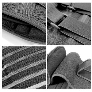 Close-up detail images of a breathable lower back support belt showing mesh fabric, adjustable compression straps, reinforced stitching, and soft inner lining for comfortable lumbar support and stability.