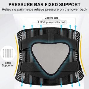 Close-up of a reinforced lumbar support belt featuring spring stabilisation bars, adjustable compression straps, and structured lower back support designed for posture support and daily back stability.