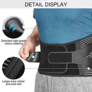 Close-up of an adjustable lower back support belt featuring secure hook-and-loop fastening, anti-slip support panels, breathable materials, and reinforced compression straps for lumbar stability and comfort.