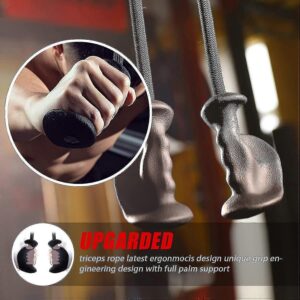 Ergonomic palm support triceps rope attachment with contoured anti-slip grips designed for improved comfort and cable machine workouts