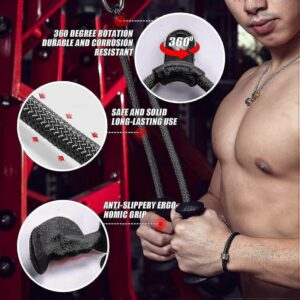 Anti-slip ergonomic triceps rope attachment featuring rotating grips, durable braided rope and comfortable hand support for cable machine workouts