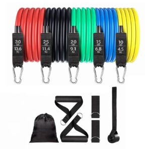 Resistance band set with handles, ankle straps, door anchor, and five stackable bands providing up to 68kg resistance for home workouts