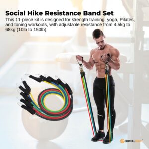 Social Hike resistance band set with adjustable resistance levels for strength training, yoga, Pilates, muscle toning and full body home workouts