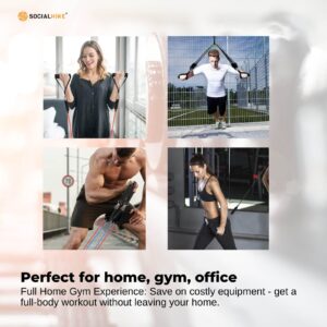 Resistance band workout kit used for strength training exercises at home, the gym, office and outdoor fitness environments