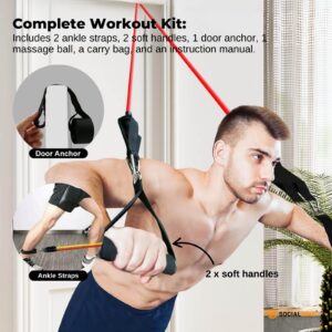 Resistance band workout kit showing foam handles, ankle straps and door anchor attachments used for full body strength training and home fitness exercises