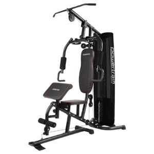 Home gym with 68kg weight stack and preacher curl station for full-body strength training and fitness workouts