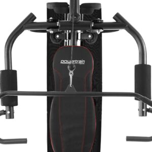 Close-up of the PowerTrain M801 multi station home gym showing chest press arms, pec deck handles, padded backrest and cable system