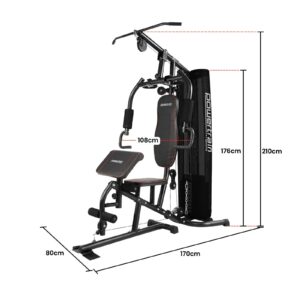PowerTrain M801 multi station home gym dimensions showing 210cm height, 170cm length, 80cm width and 108cm exercise station width