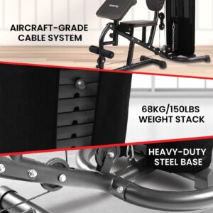 PowerTrain home gym featuring aircraft-grade cable system, 68kg weight stack and heavy-duty steel frame construction for reliable strength training