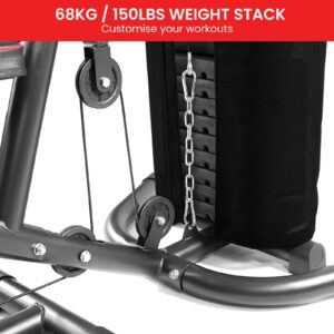 PowerTrain home gym with 68kg adjustable weight stack, pulley system and selector pin for customised resistance training and progressive strength workouts
