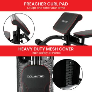 PowerTrain home gym featuring adjustable preacher curl pad for arm training and heavy-duty mesh weight stack cover for added safety