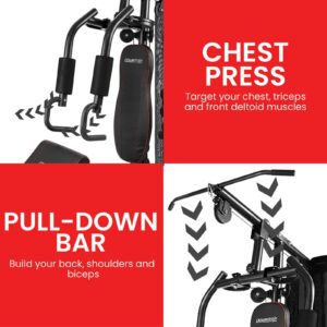 PowerTrain home gym featuring chest press arms and lat pulldown bar for chest, shoulders, triceps, back and bicep strength training