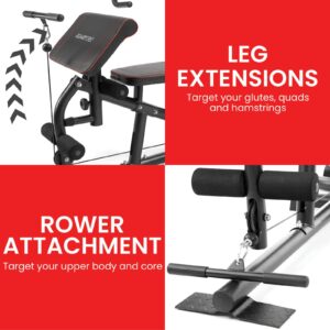 PowerTrain home gym leg extension station and rowing attachment for lower body, upper body and core strength training exercises