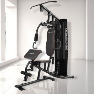 PowerTrain M801 multi station home gym with 68kg weight stack, preacher curl bench, chest press arms, lat pulldown bar and compact home workout design