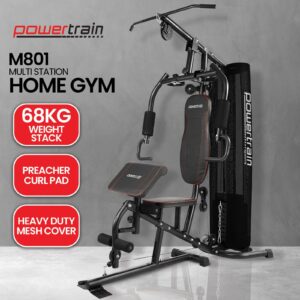 PowerTrain M801 multi station home gym with 68kg weight stack, preacher curl pad, chest press, lat pulldown and full body strength training functions