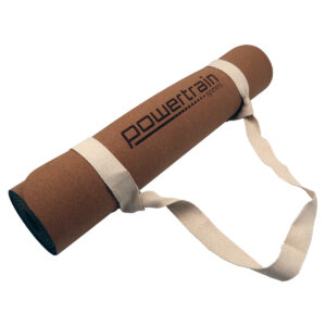 Powertrain cork yoga mat rolled with carry strap featuring natural cork surface and non-slip backing for yoga, pilates and fitness training