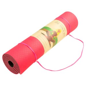 Powertrain 8mm TPE yoga mat in red with non-slip textured surface and carry strap, rolled for easy transport and storage