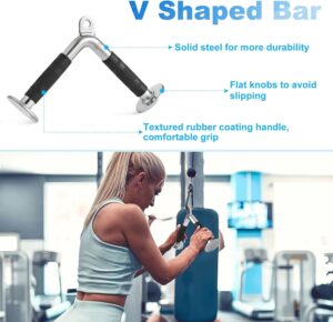 V bar cable attachment featuring solid steel construction, textured rubber grips and flat end stops shown during triceps pushdown exercise