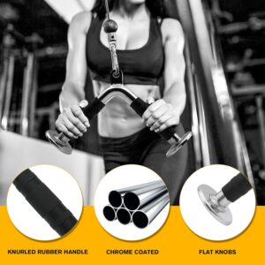 Athlete using a V bar cable row handle attachment featuring knurled rubber grips, chrome-coated steel construction and flat end stops