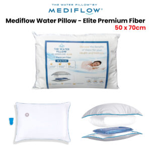Mediflow Elite Premium Fiber Water Pillow 50 x 70cm featuring adjustable water-based support and premium fibre comfort layers