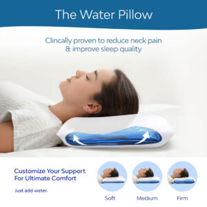 Person resting on the Mediflow Water Pillow demonstrating adjustable soft, medium and firm support through water level customisation