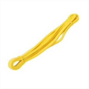 Yellow natural latex resistance loop band for assisted pull ups, stretching, mobility exercises, rehabilitation and beginner strength training workouts