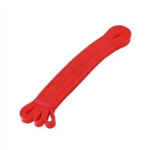 Red natural latex resistance loop band for strength training, stretching, mobility exercises, rehabilitation and full body fitness workouts