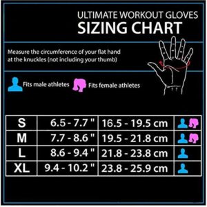 Weight lifting gloves sizing chart showing hand circumference measurements for Small, Medium, Large and XL gym gloves with wrist support
