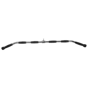 Lat pulldown bar attachment with chrome-plated steel construction and medium-wide grip for cable machine strength training workouts