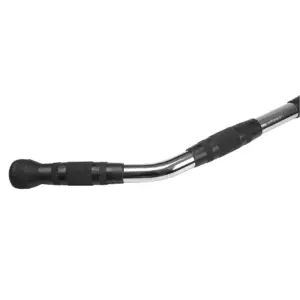 Close-up of chrome lat pulldown bar end featuring textured knurled grip sections and protective rubber end cap
