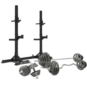 Squat rack package with 90kg weight set, barbell, curl bar, dumbbell handles, and adjustable steel rack for strength training workouts