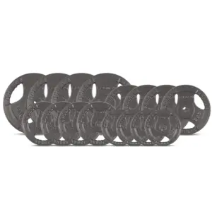 Complete cast iron weight plate set with multiple plate sizes for barbells, dumbbells and home gym strength training