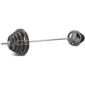 Straight barbell loaded with cast iron weight plates and secure locking collars for strength training, squats, deadlifts and bench press exercises