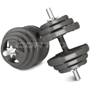 Adjustable cast iron dumbbell set with threaded spinlock handles and interchangeable weight plates for home strength training